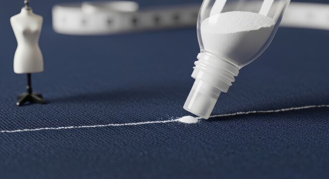 A tailor's scene depicts a white powdered marker outlining a garment's design on blue fabric. A miniature mannequin and measuring tape complete the craft