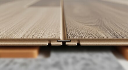 Close-up showcases the connection system of wood flooring. The detail highlights interlocking planks, with a focus on their construction, color, and precise fit. The base layer is also visible
