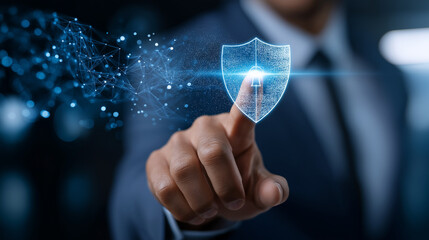 Faceless businessperson activating AI security shield, defocused digital transformation elements, cybersecurity concept, data protection technology, network defense visualization,