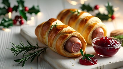 Pigs in blankets, meticulously wrapped in golden brown puff pastry, placed on a clean and polished white wooden background