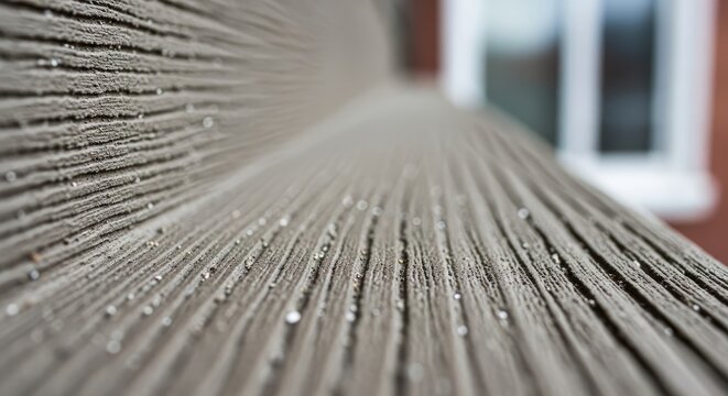Close-up focus on a textured, weathered surface, likely a wooden structure. Tiny water droplets cling to the grooves. A blurred window in the background hints at an outdoor setting