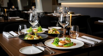 Gourmet meals with steam rising on a wooden table, in a fine dining setting