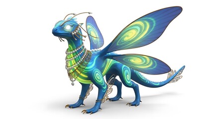 Obraz premium Whimsical blue dragon creature with glowing celestial patterned wings and ornate shimmering jewelry against a clean white background