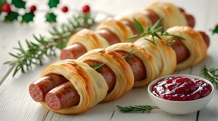 Pigs in blankets, meticulously wrapped in golden brown puff pastry, placed on a clean and polished white wooden background