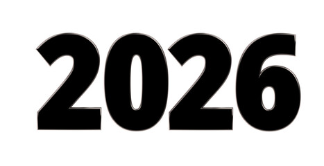 2026 - moderne plakative schwarze 3D Jahreszahl mit metallisch schimmerndem Farbverlauf, Neujahr, zukünftige Trends, Technologie, Business, Saison, Jubiläum, Innovation, Geschäftspräsentation, Schrift