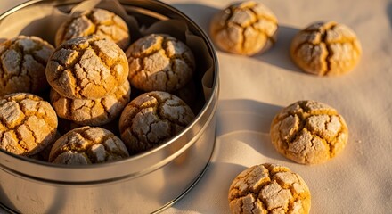 Obraz premium Close-up of golden, crackled cookies spilling from a tin onto a white surface. Natural light enhances their texture. Some cookies are neatly stacked, others scattered. 