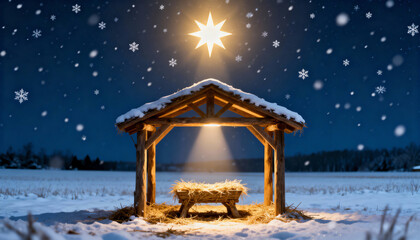 Nativity scene with an empty manger in a wooden stable on a snowy winter night. The Star of Bethlehem shines brightly in the sky. Christian Christmas holiday concept