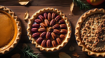 Traditional Thanksgiving pie slices placed on brown parchment paper, featuring a slice of pumpkin pie with a golden brown crust and a slice of pecan pie with a caramelized filling.