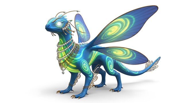 Whimsical blue dragon creature with glowing celestial patterned wings and ornate shimmering jewelry against a clean white background