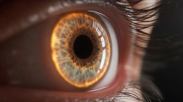 Detailed Close-Up Macro Shot Of A Human Eye Iris Transitioning To A Fiery Orange Glow Against A Dark Moody Background With Subtle Eyelashes And Skin Texture