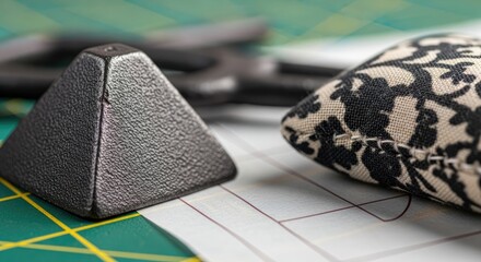 Close-up of sewing tools a dark pyramidal weight, a patterned pin cushion, and a blurred tool. These items rest on a gridded fabric background