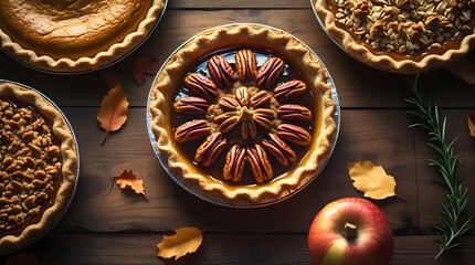 Traditional Thanksgiving pie slices placed on brown parchment paper, featuring a slice of pumpkin pie with a golden brown crust and a slice of pecan pie with a caramelized filling.