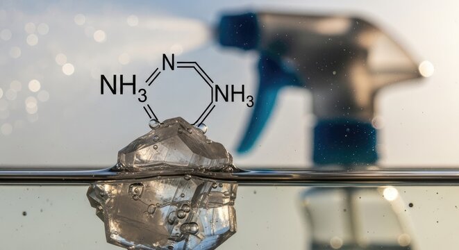 A sprayer releases liquid over a rocky substance emerging from water. A chemical structure of a compound hovers in front, with spray droplets visible. The background is blurred sunlight