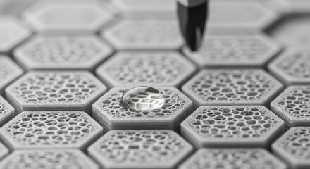 A grayscale macro captures a water droplet suspended on a textured, honeycomb-like surface with a tool positioned above. The intricate pattern suggests scientific or technological application