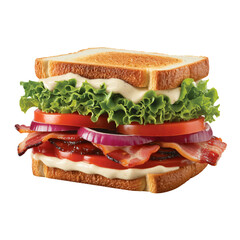 Mouthwatering bacon, lettuce, and tomato sandwich with toasted bread, red onions, and creamy dressing, a classic comfort food perfect for lunch or dinner