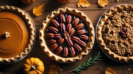Traditional Thanksgiving pie slices placed on brown parchment paper, featuring a slice of pumpkin pie with a golden brown crust and a slice of pecan pie with a caramelized filling.