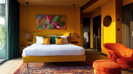 A bold and colorful modern bedroom with a queen-size bed, dark mustard walls, and light wooden accents, blending vibrancy with elegance.