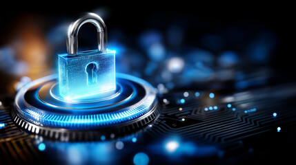 Digital glowing blue lock icon closeup, defocused circuit patterns, cybersecurity concept, data protection technology, encryption visualization, privacy security system, digital sa