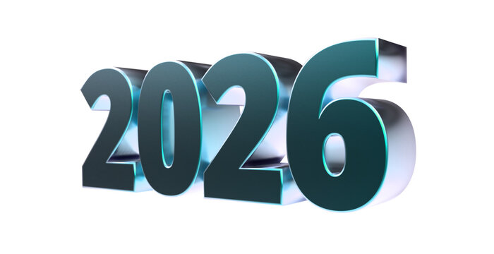2026 - moderne plakative blaue 3D Jahreszahl mit metallisch schimmerndem Farbverlauf, Neujahr, zuk&uuml;nftige Trends, Technologie, Business, Saison, Jubil&auml;um, Innovation, Gesch&auml;ftspr&auml;sentation, Schrift