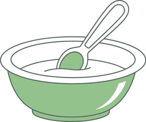 Simple illustration of a light green bowl filled with creamy food and a spoon.