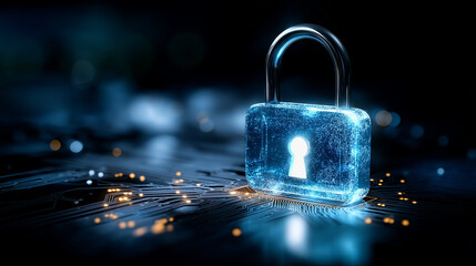 Digital glowing blue lock icon closeup, defocused circuit patterns, cybersecurity concept, data protection technology, encryption visualization, privacy security system, digital sa