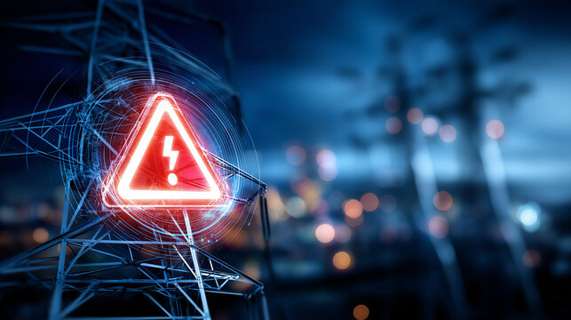 Digital interface showing cyber attack warning, defocused electrical grid background, security risk alert, power infrastructure threat, vulnerability detection concept, critical sy