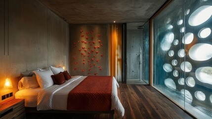 A bold and edgy bedroom with textured concrete walls, rich wooden flooring, and a contemporary glass window with sleek lines