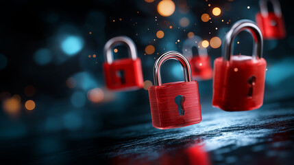 Red padlocks floating in digital environment, defocused futuristic interface, cybersecurity breach concept, data protection warning, cyber space visualization, security threat illu