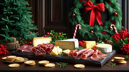 Christmas charcuterie table scene set against a rich, dark wood background, adorned with an assortment of artisanal cheese and cured meat appetizer