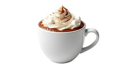 Delicious hot chocolate in a white mug topped with whipped cream, small marshmallows, and a dusting of cocoa powder, isolated on transparent background