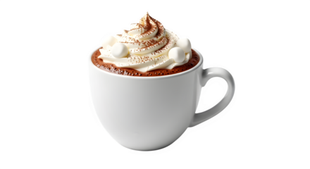 Delicious hot chocolate in a white mug topped with whipped cream, small marshmallows, and a dusting of cocoa powder, isolated on transparent background