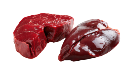 Fresh cuts of beef and liver, showcasing fine marbling and color.