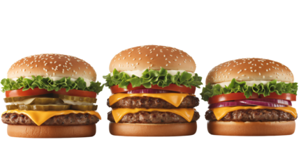 Indulge in juicy gourmet burgers, a trio of deliciousness with fresh veggies, cheese, and perfectly grilled patties for ultimate food satisfaction
