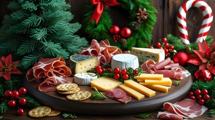 Christmas charcuterie table scene set against a rich, dark wood background, adorned with an assortment of artisanal cheese and cured meat appetizer