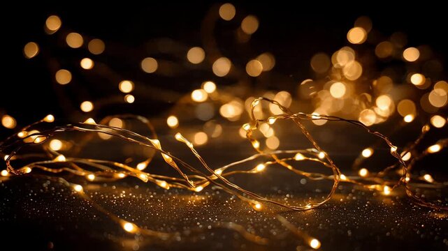 Close-up of glowing gold string lights creating shimmering bokeh effects and festive ambiance in a dark setting