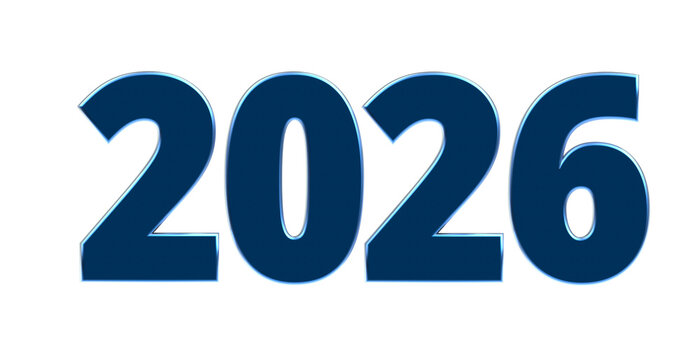 2026 - moderne plakative blaue 3D Jahreszahl mit metallisch schimmerndem Farbverlauf, Neujahr, zuk&uuml;nftige Trends, Technologie, Business, Saison, Jubil&auml;um, Innovation, Gesch&auml;ftspr&auml;sentation, Schrift