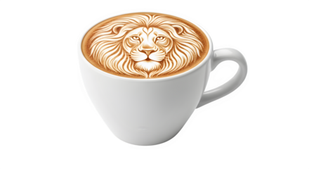 Exquisite latte art depicting a majestic lions face meticulously crafted on the foam surface of a beverage served in a clean white ceramic cup, isolated on transparent background