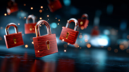 Red padlocks floating in digital environment, defocused futuristic interface, cybersecurity breach concept, data protection warning, cyber space visualization, security threat illu