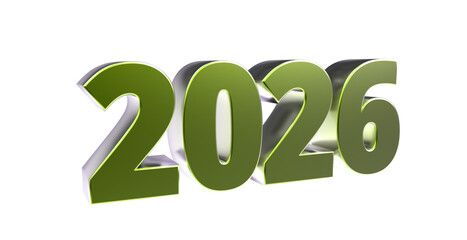 2026 - moderne plakative grüne 3D Jahreszahl mit metallisch schimmerndem Farbverlauf, Neujahr, zukünftige Trends, Technologie, Business, Saison, Jubiläum, Innovation, Geschäftspräsentation, Schrift