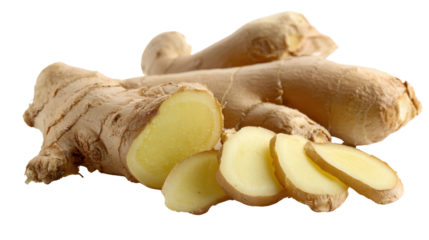 Fresh ginger root with sliced pieces, isolated on white background.