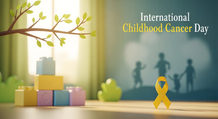 Toy blocks and gold ribbon on background for International Childhood Cancer Day