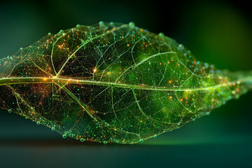 Futuristic Digital Network Leaf with Glowing Infographic Elements for Eco-Technology Design