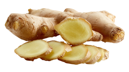 Fresh ginger root, sliced and arranged on a white isolate background.