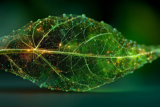 Futuristic Digital Network Leaf with Glowing Infographic Elements for Eco-Technology Design