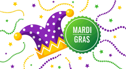 Mardi Gras celebration with jester hat, beads, and stars, festive background