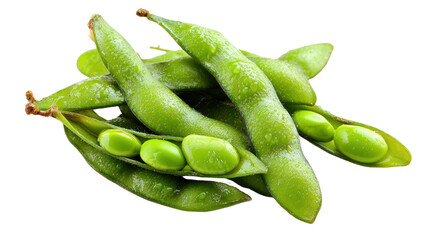 Fresh green edamame pods on white background, healthy snack option rich in protein.