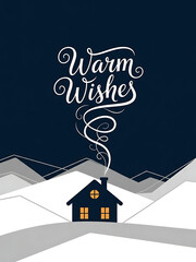 christmas poster with warm wishes text and cozy house, christmas card with snowy hills and chimney smoke, festive card with navy background and elegant typography
