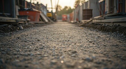 A muddy, rough road with tire tracks at a construction site with heavy machinery in the background.Concept of construction site conditions and civil engineering.