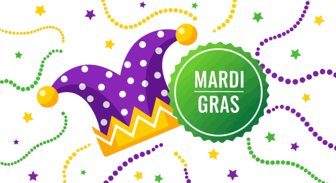 Mardi Gras celebration with jester hat, beads, and stars, festive background