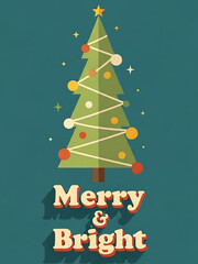 christmas poster with retro tree and merry and bright text, christmas card with colorful ornaments and zigzag garland, festive card with yellow star and sparkles
